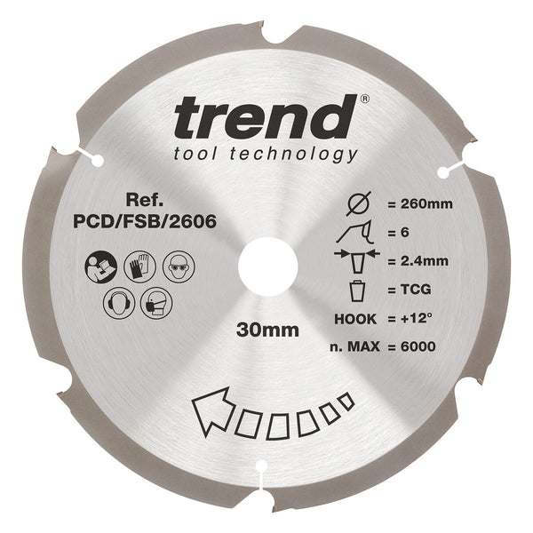 Trend Tools PCD/FSB/2606 Trend Pcd Fibre Cement Circular Saw Blade 260Mm X 30Mm X 6T