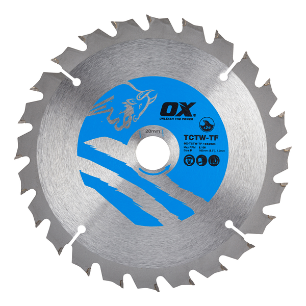 OX Tools OX-TCTW-TF-1652024 Wood Cutting Thin Kerf Circular Saw Blade 165/20mm, 24 Teeth ATB