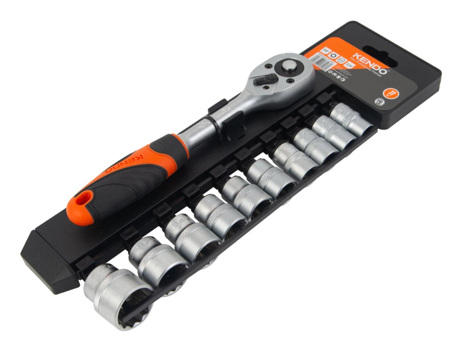Kendo 16208 11pc 3/8in Dr. 12PT Socket Set 10-22mm Chrome Vanadium Ratchet Socket Tool Set