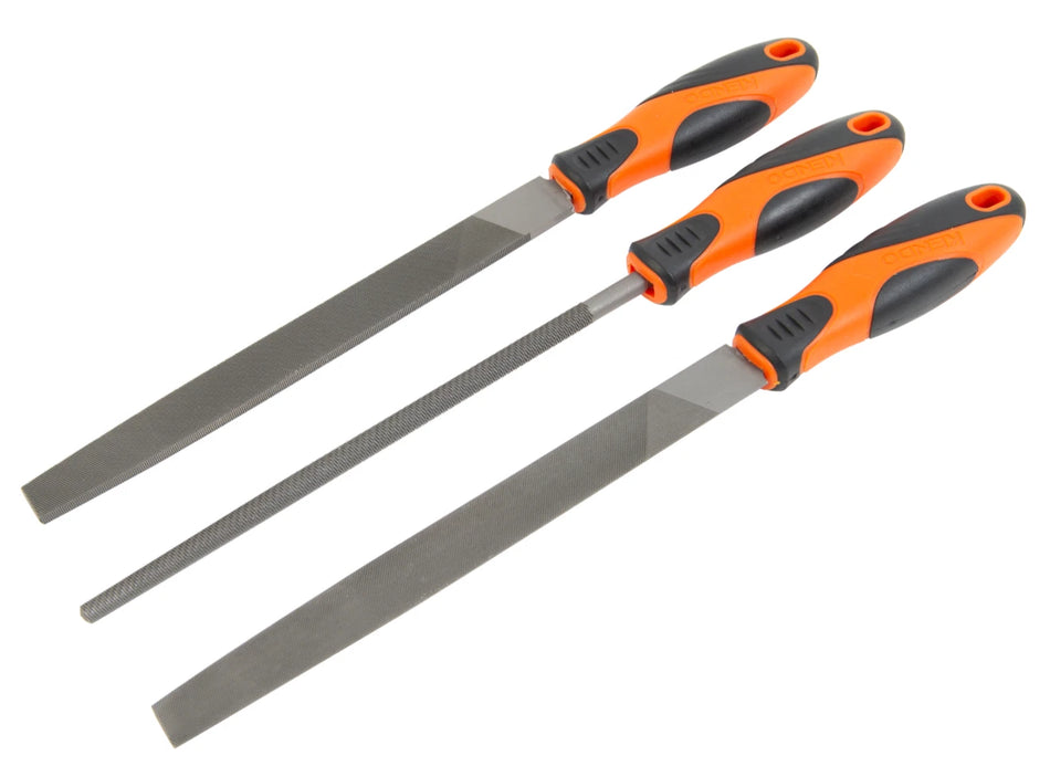 Kendo 85118 3pc Steel File Set 200mm / 8in Flat Round and Half Round Files with Ergonomic Soft Grip Handles