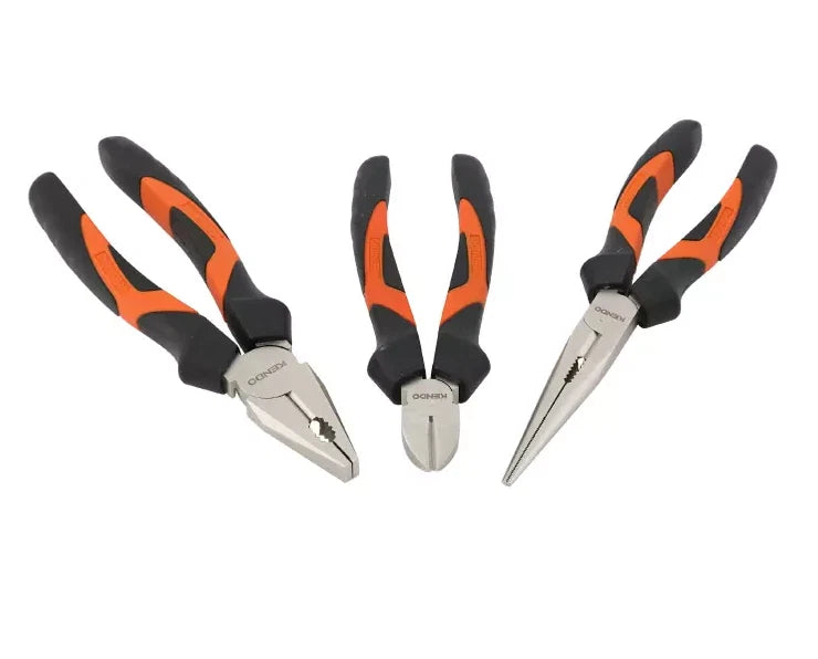 Kendo 85101 3pc Pliers Set Combination Long Nose and Side Cutting Pliers with Ergonomic Comfort Grip Handles