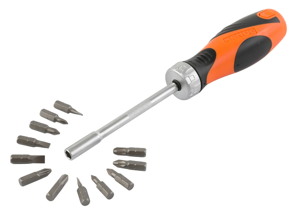 Kendo 20016 14pc Ratchet Screwdriver Bits Set Ratchet Handle Magnetic Holder and 12pc 25mm Driver Bits