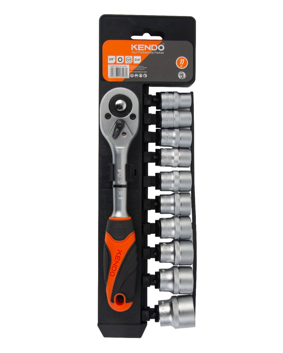 Kendo 16208 11pc 3/8in Dr. 12PT Socket Set 10-22mm Chrome Vanadium Ratchet Socket Tool Set