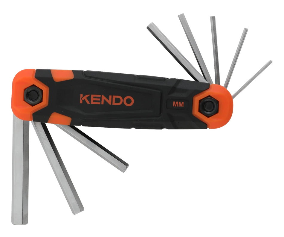 Kendo 20717 8pc Folding Hex Key Set Chrome Vanadium Steel 1.5-8mm Non-Slip Bi-Material Handle