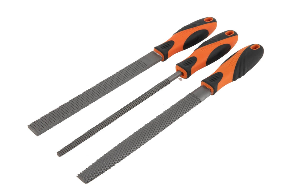 Kendo 85117 3pc Wood Rasp Set 200mm / 8in Flat Round and Half Round Rasps with Ergonomic Soft Grip Handles