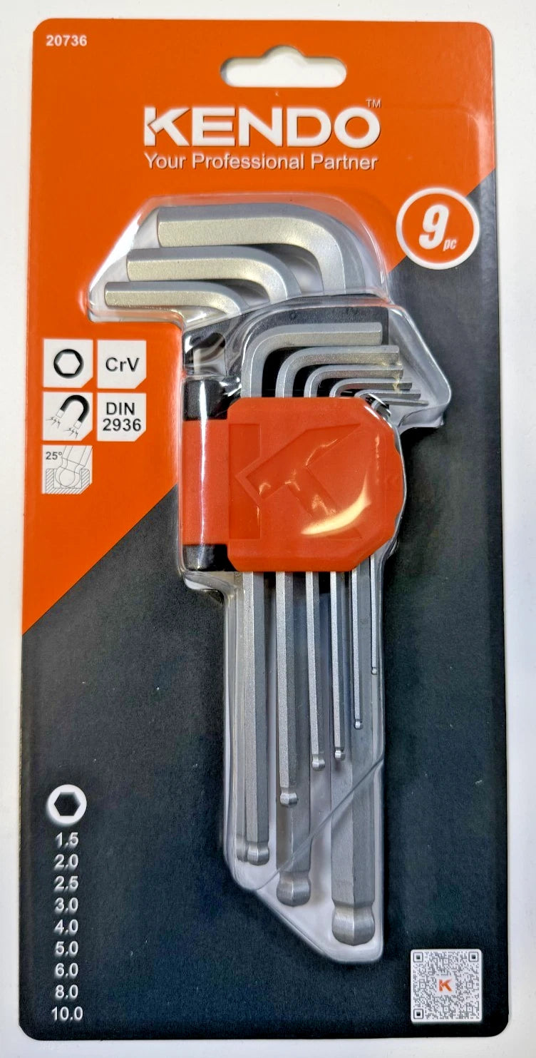 Kendo 20736 9pc Long Arm Ball End Hex Key Set Chrome Vanadium Steel 1.5-10mm Folding Case Hex Wrench Set