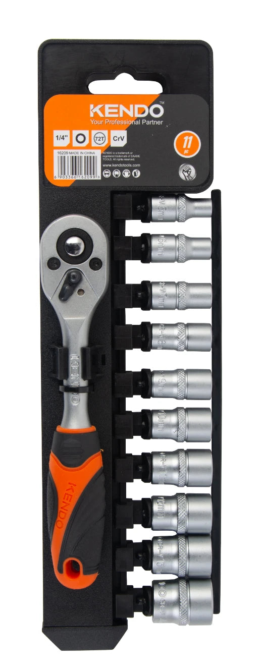 Kendo 16209 11pc 1/4in Dr. 12PT Socket Set 5-14mm Chrome Vanadium Ratchet Socket Tool Set