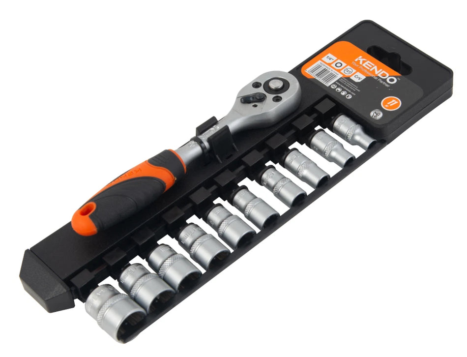 Kendo 16209 11pc 1/4in Dr. 12PT Socket Set 5-14mm Chrome Vanadium Ratchet Socket Tool Set