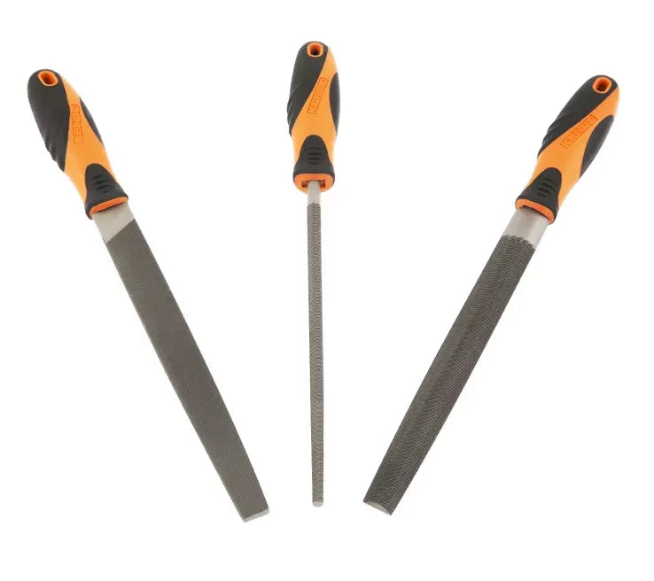 Kendo 85118 3pc Steel File Set 200mm / 8in Flat Round and Half Round Files with Ergonomic Soft Grip Handles