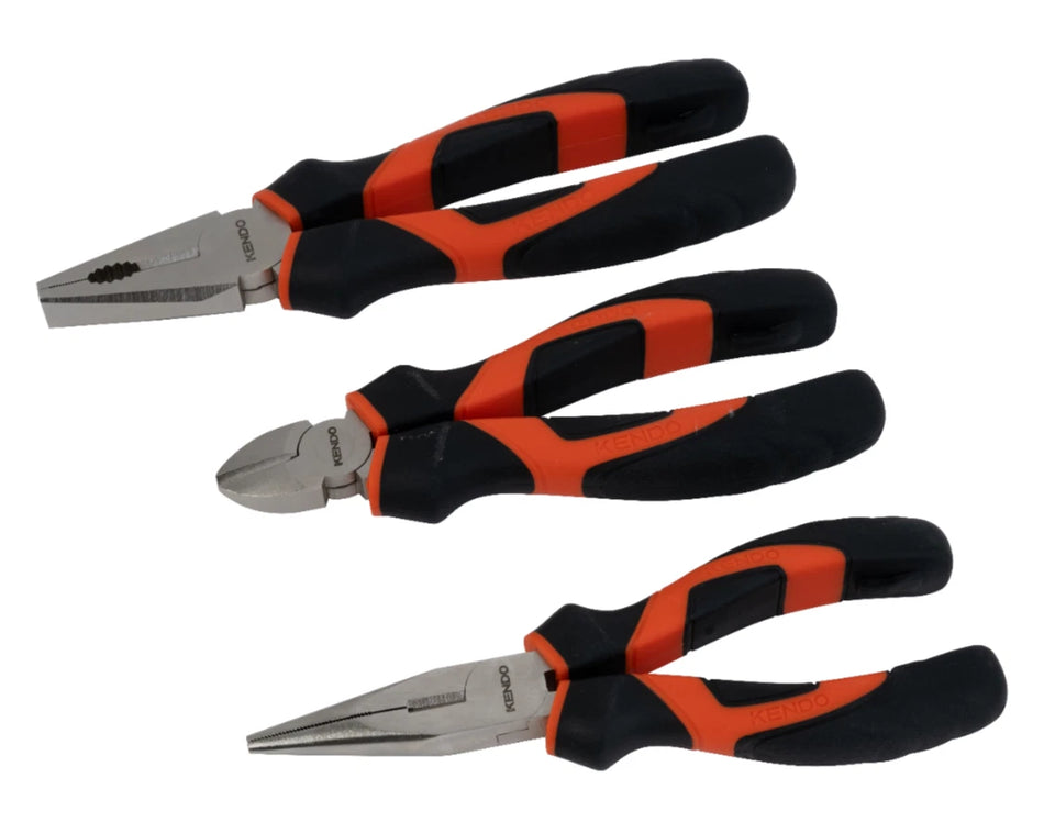Kendo 85101 3pc Pliers Set Combination Long Nose and Side Cutting Pliers with Ergonomic Comfort Grip Handles