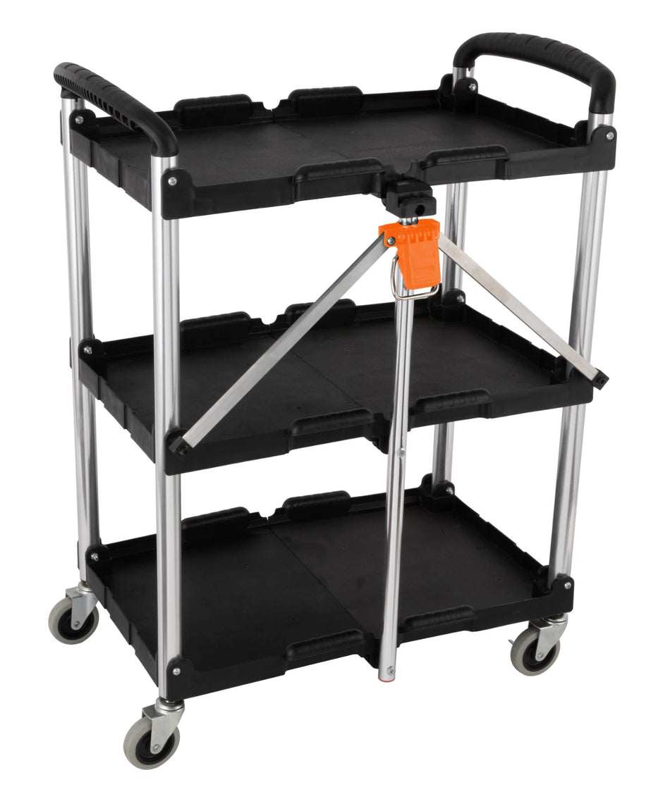 Kendo 90339 3 Tier Folding Workshop Trolley Garage Tool Cart 60kg Tot Weight Capacity Brakes