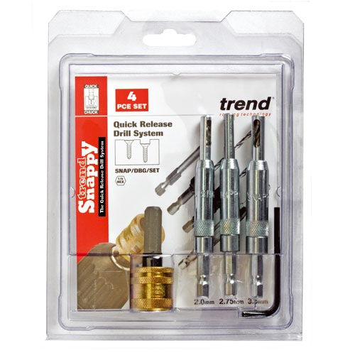 Trend Tools SNAP/DBG/SET Trend Drill Bit Guides 4 Piece Set - For Accurately Drilling Pilot Holes Centrally To Any Countersink Fitting Such As Hinges Or Lock Faceplates.