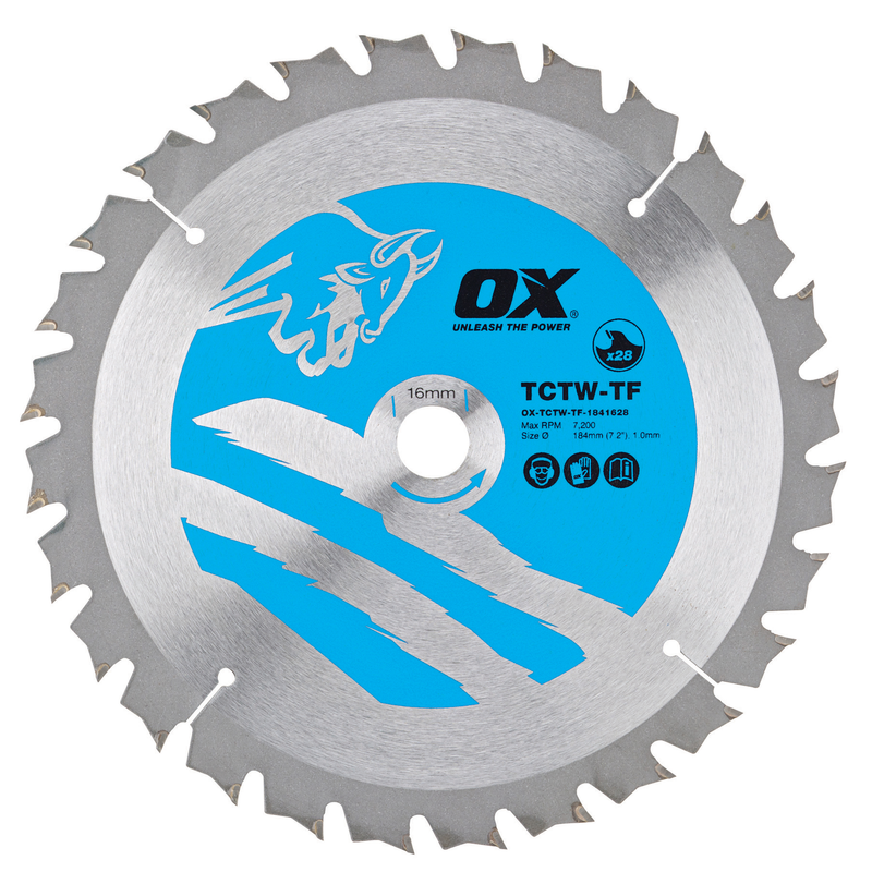 OX Tools OX-TCTW-TF-1841628 Wood Cutting Thin Kerf Circular Saw Blade 184/16mm, 28 Teeth ATB