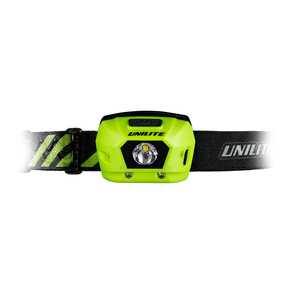 Unilite HL-4R Rechargeable Head Torch with dimming feature and red light mode and carrying case.