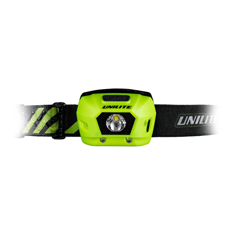 Unilite HL-4R Rechargeable Head Torch with dimming feature and red light mode and carrying case.