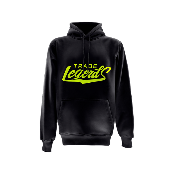 Unilite HOODIE-TL Thick cotton black hoodie with neon yellow Trade Legends logo.