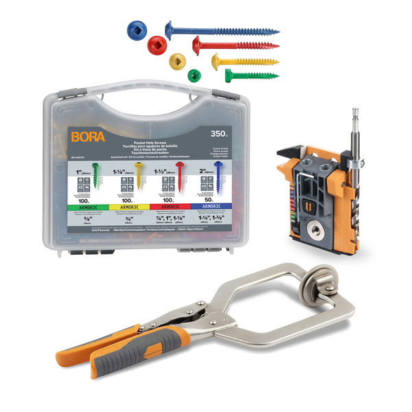 BORA BR A170402  Automatic Mini-Pocket Hole Jig w/ 3-Inch Face Clamp & 350pc Screw Pack