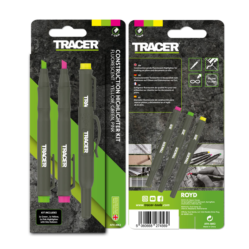 TRACER AFH MK3 PF Highlighter Markers Pk3 (Yellow, Pink, Green) c/w Site Holsters