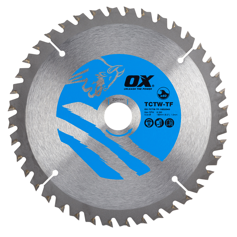OX Tools OX-TCTW-TF-1602040 Wood Cutting Thin Kerf Circular Saw Blade 160/20mm, 40 Teeth ATB