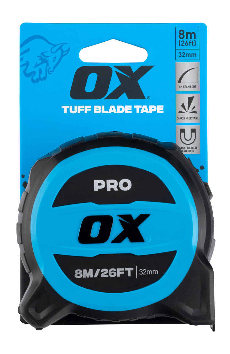 OX Hand Tools P506408 Pro 8m/26ft Tuff Blade Tape Measure - Magnetic Dual Hook & 32mm Wide Blade