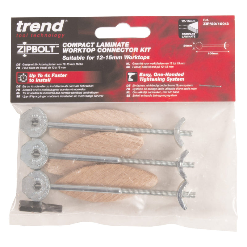 Trend Tools ZIP/20/100/3 Zipbolt Compact Laminate Worktop Connector Kit (12-15Mm)