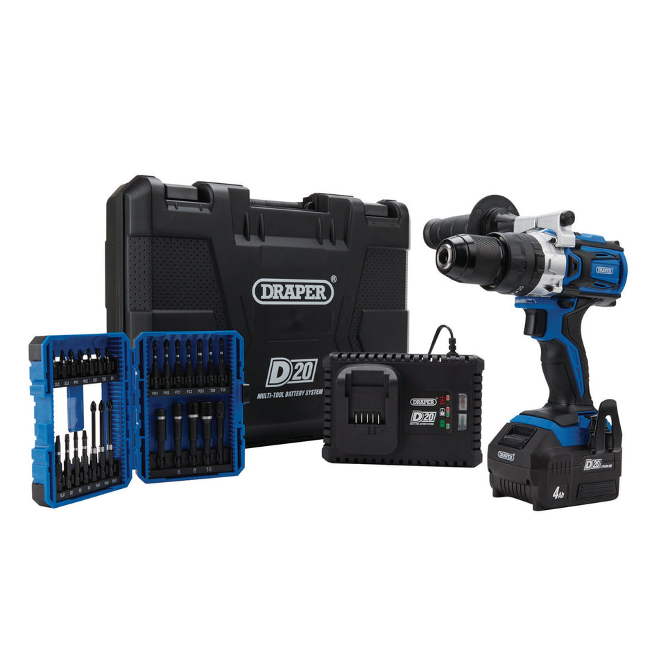 Draper 04790 D20 20V Brushless Combi Drill Kit & Draper Expert Impact Screwdriver  Bit Set (26 Piece)