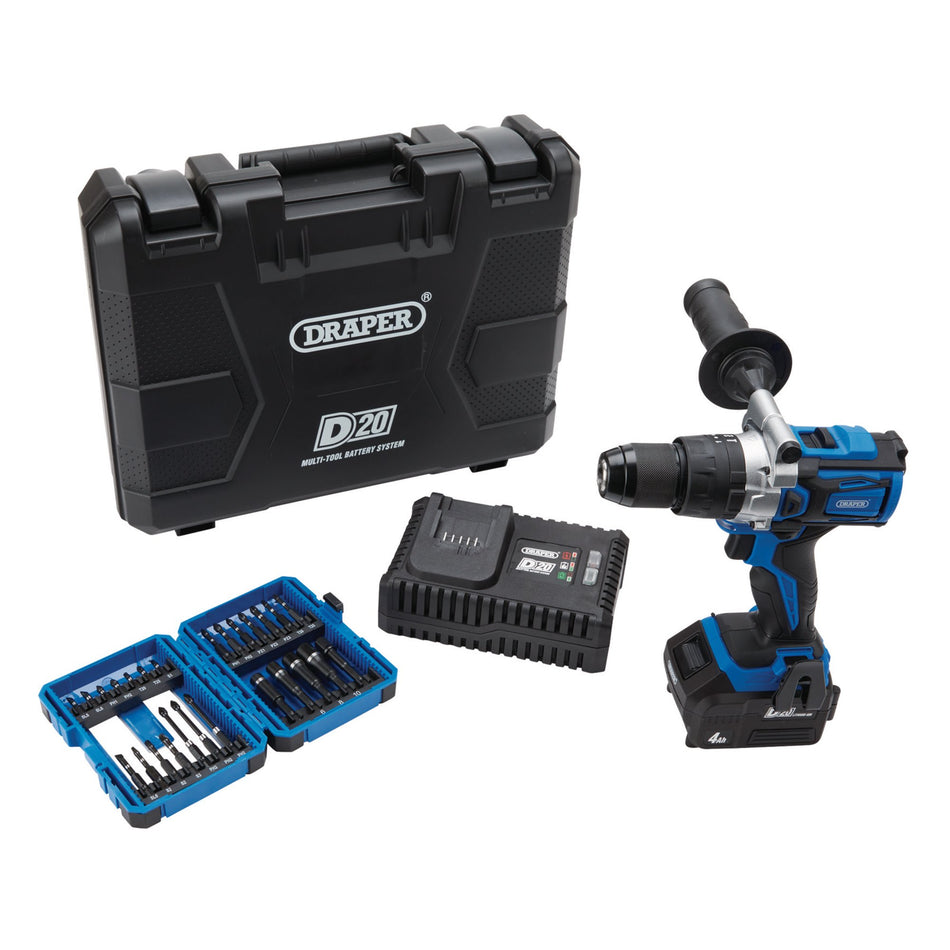 Draper 04790 D20 20V Brushless Combi Drill Kit & Draper Expert Impact Screwdriver  Bit Set (26 Piece)