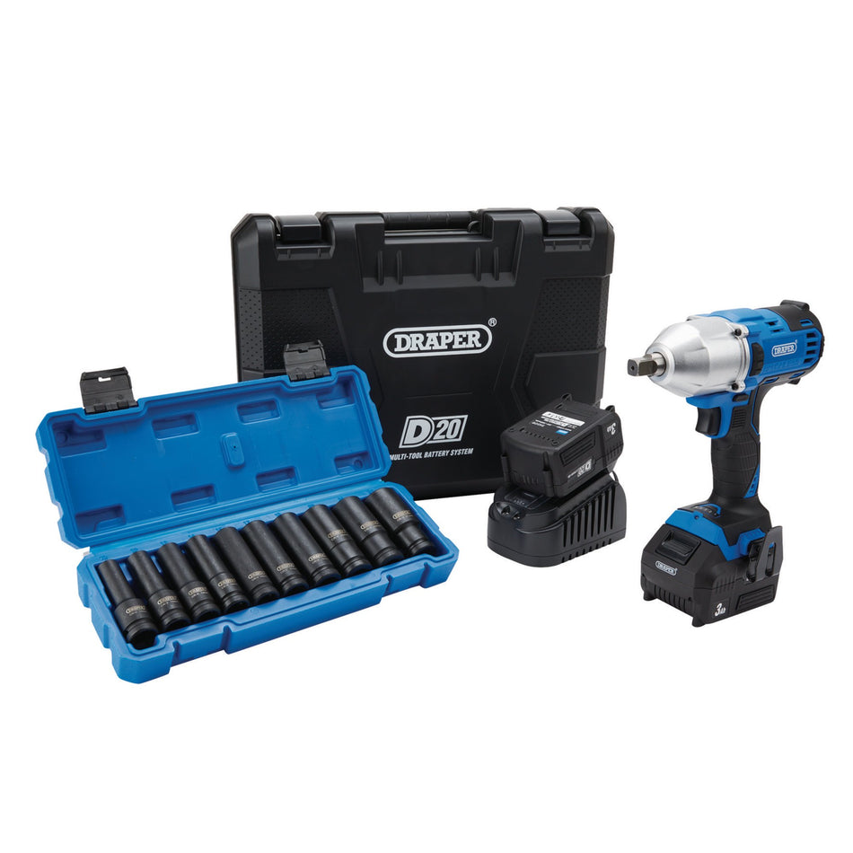 Draper 04791 D20 20V Brushless Mid-Torque Impact Wrench Kit, 1/2" Sq. Dr. & Metric Deep Impact Socket Set (10 Piece)
