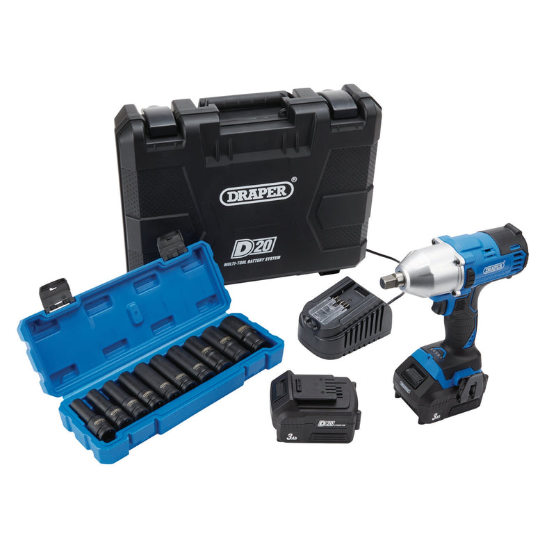 Draper 04791 D20 20V Brushless Mid-Torque Impact Wrench Kit, 1/2" Sq. Dr. & Metric Deep Impact Socket Set (10 Piece)