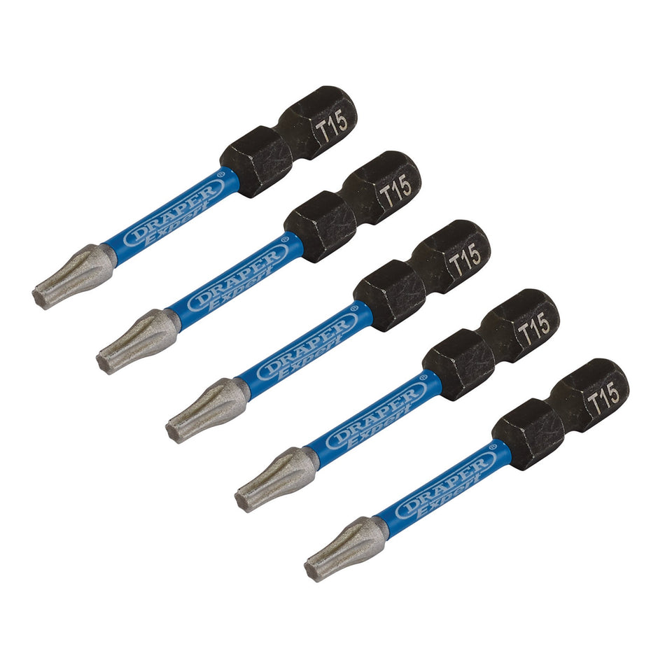 Draper 05651 Draper Expert TX-STAR® Impact Screwdriver Bits, T15 x 50mm, 1/4" Hex (Pack of 5)