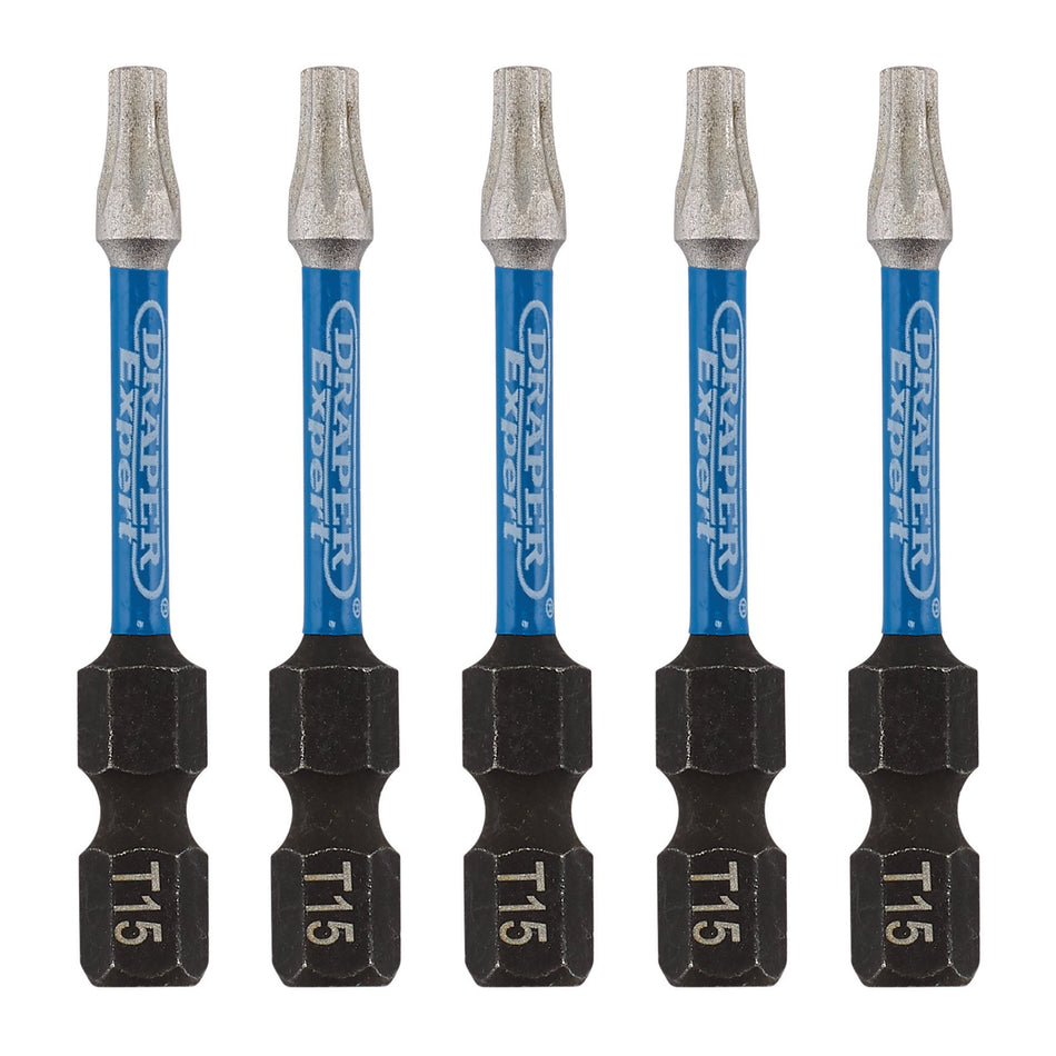 Draper 05651 Draper Expert TX-STAR® Impact Screwdriver Bits, T15 x 50mm, 1/4" Hex (Pack of 5)