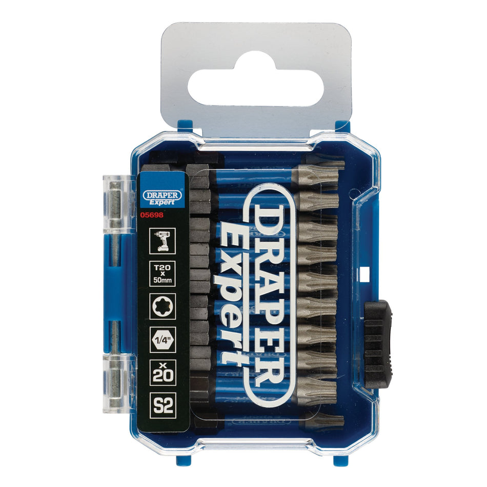 Draper 05698 Draper Expert TX-STAR® Impact Screwdriver Bits, T20 x 50mm, 1/4" Hex (Pack of 20)