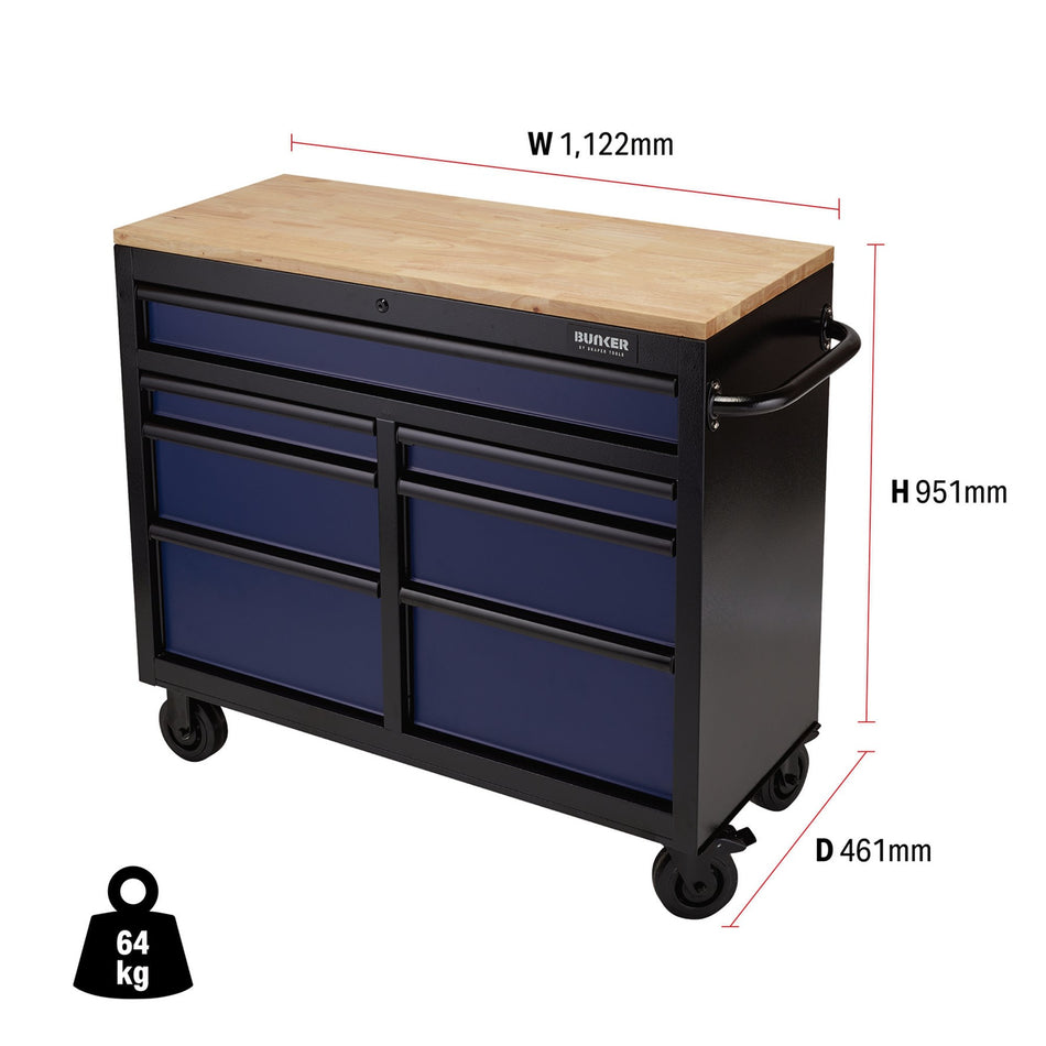 BUNKER® 08222 Workbench Roller Tool Cabinet, 7 Drawer, 41", Blue