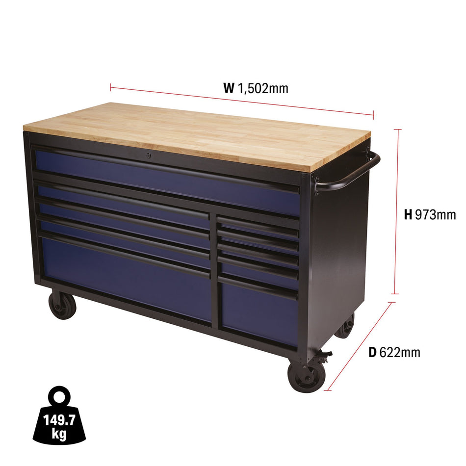 BUNKER® 08237 Workbench Roller Tool Cabinet, 10 Drawer, 56", Blue