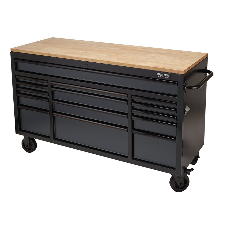 BUNKER® 08238 Workbench Roller Tool Cabinet, 15 Drawer, 61", Grey