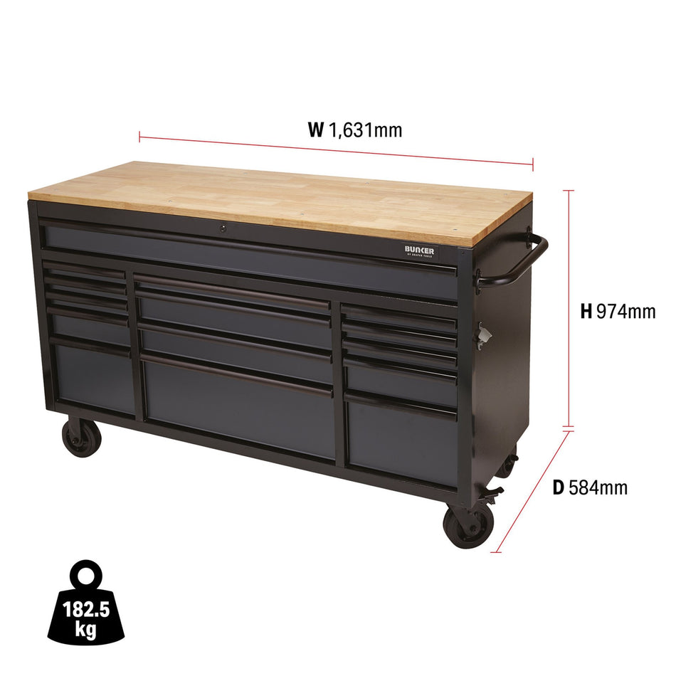 BUNKER® 08238 Workbench Roller Tool Cabinet, 15 Drawer, 61", Grey