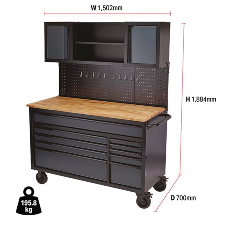 BUNKER® 08242 Roller Workstation with Workbench, 10 Drawer, 56", Grey