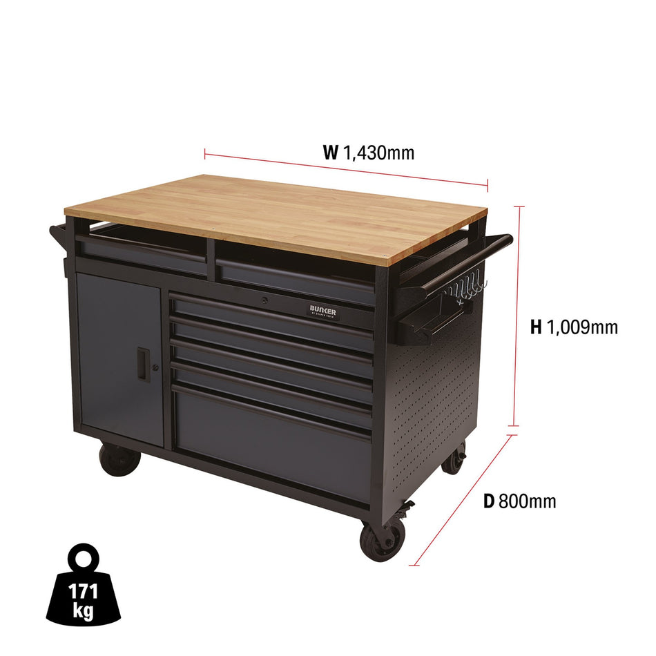 BUNKER® 08251 Multi-Functional Workbench Roller Tool Cabinet, 14 Drawer, 48", Grey