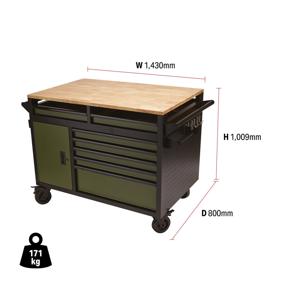 BUNKER® 08269 Multi-Functional Workbench Roller Tool Cabinet, 14 Drawer, 48", Green