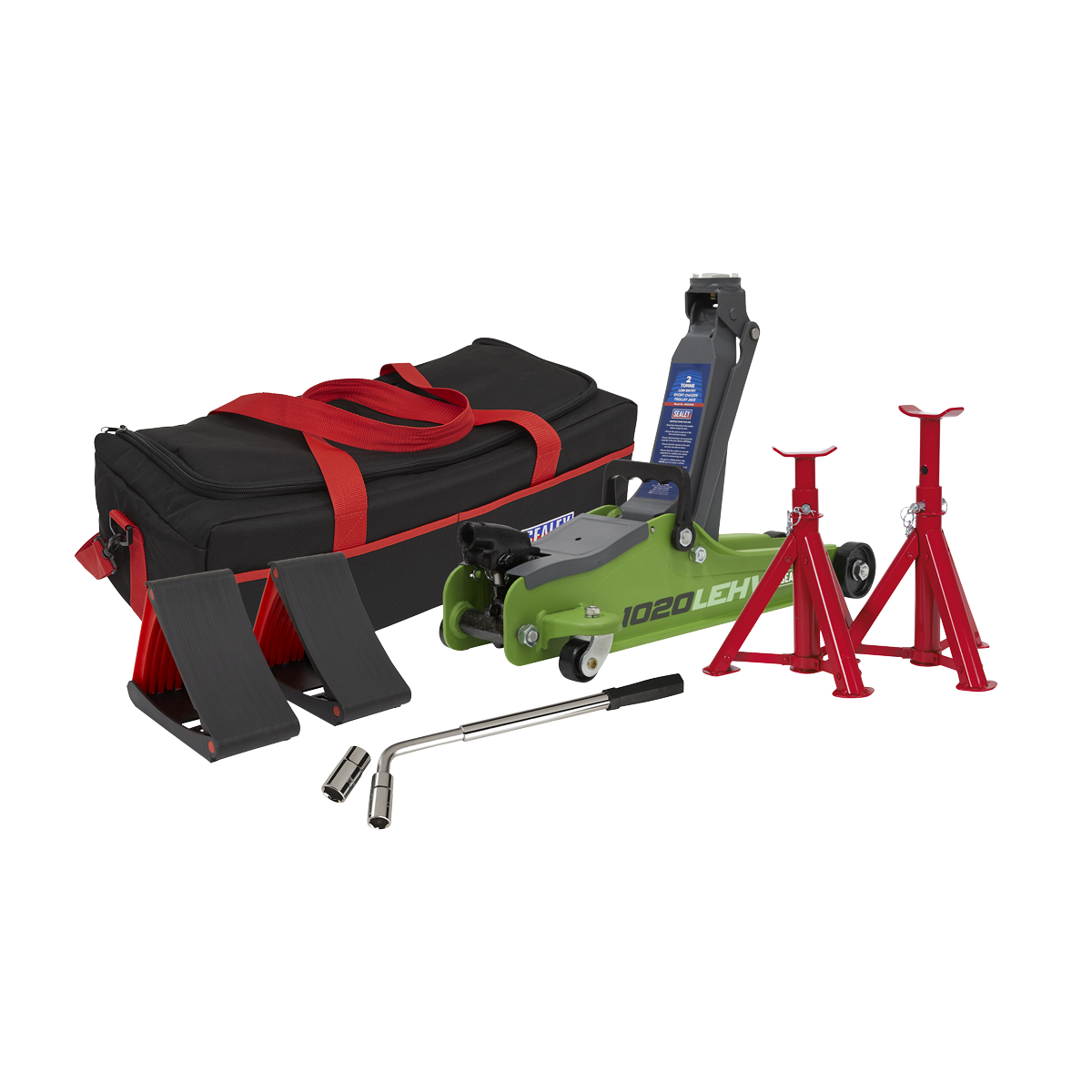 Sealey 1020LEHVBAGCOMBO 2tonne Low Entry Short Chassis Trolley Jack & Accessories Bag Combo - Hi-Vis Green