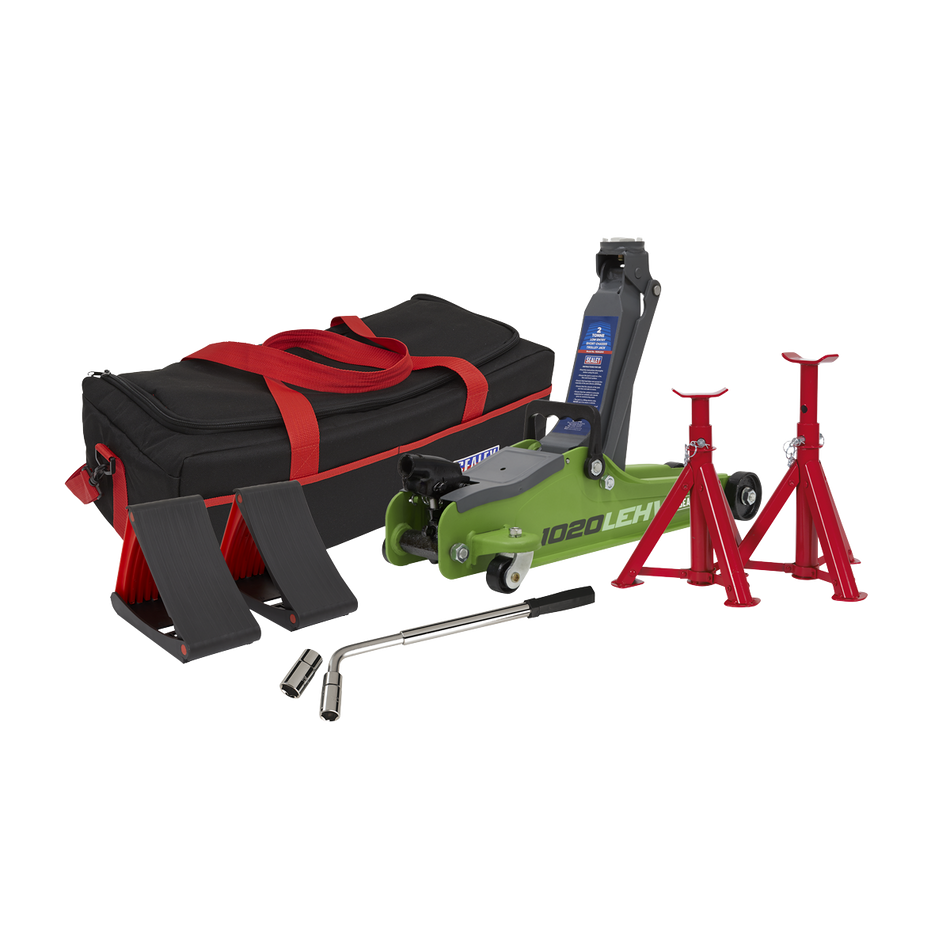 Sealey 1020LEHVBAGCOMBO 2tonne Low Entry Short Chassis Trolley Jack & Accessories Bag Combo - Hi-Vis Green