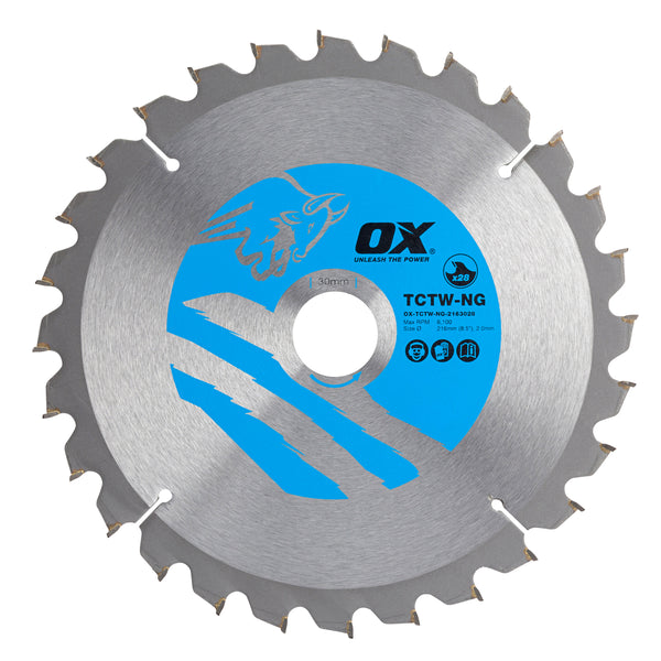 OX Tools OX-TCTW-NG-2163028 Wood Cutting Negative Rake Circular Saw Blade 216/30mm, 28 Teeth ATB