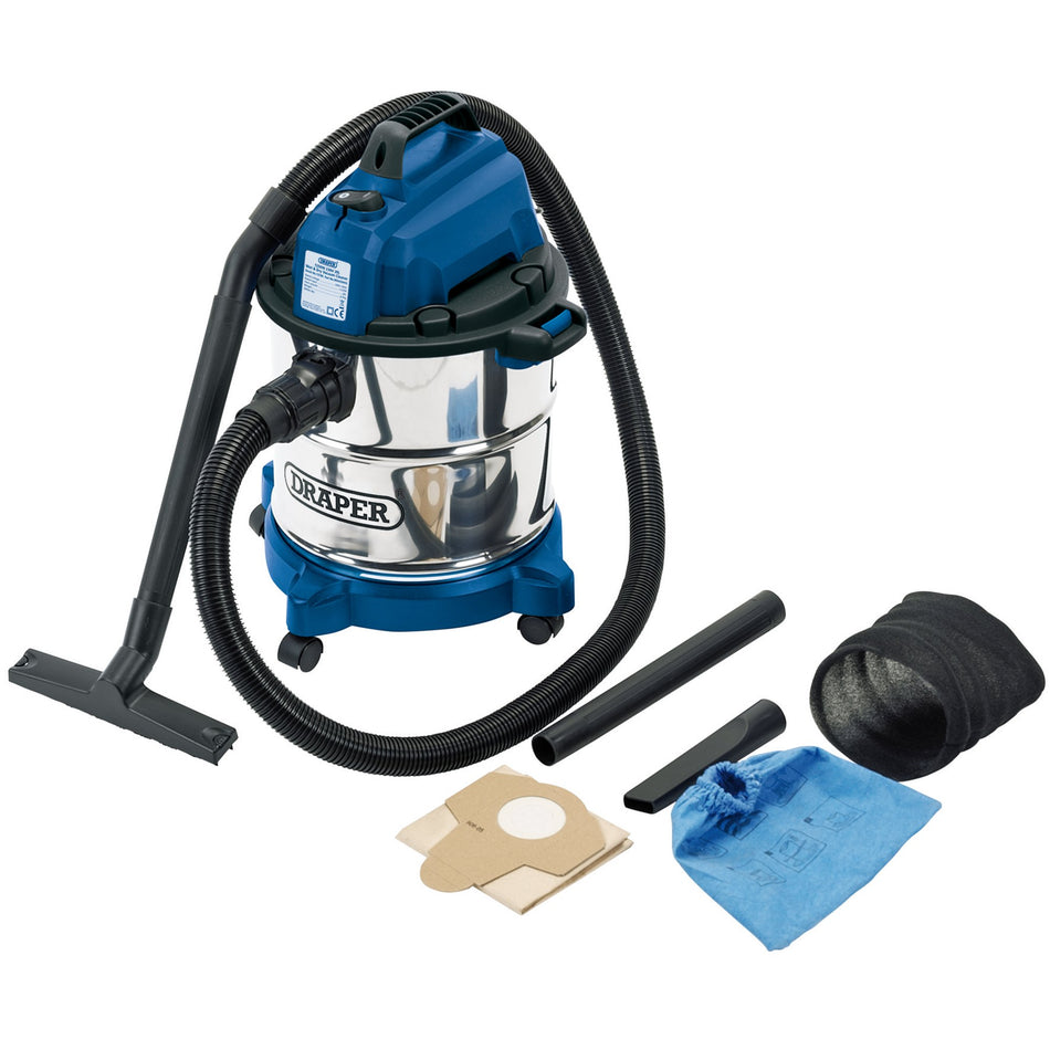 Draper 13785 230V Wet and Dry Vacuum Cleaner with Stainless Steel Tank, 20L, 1250W
