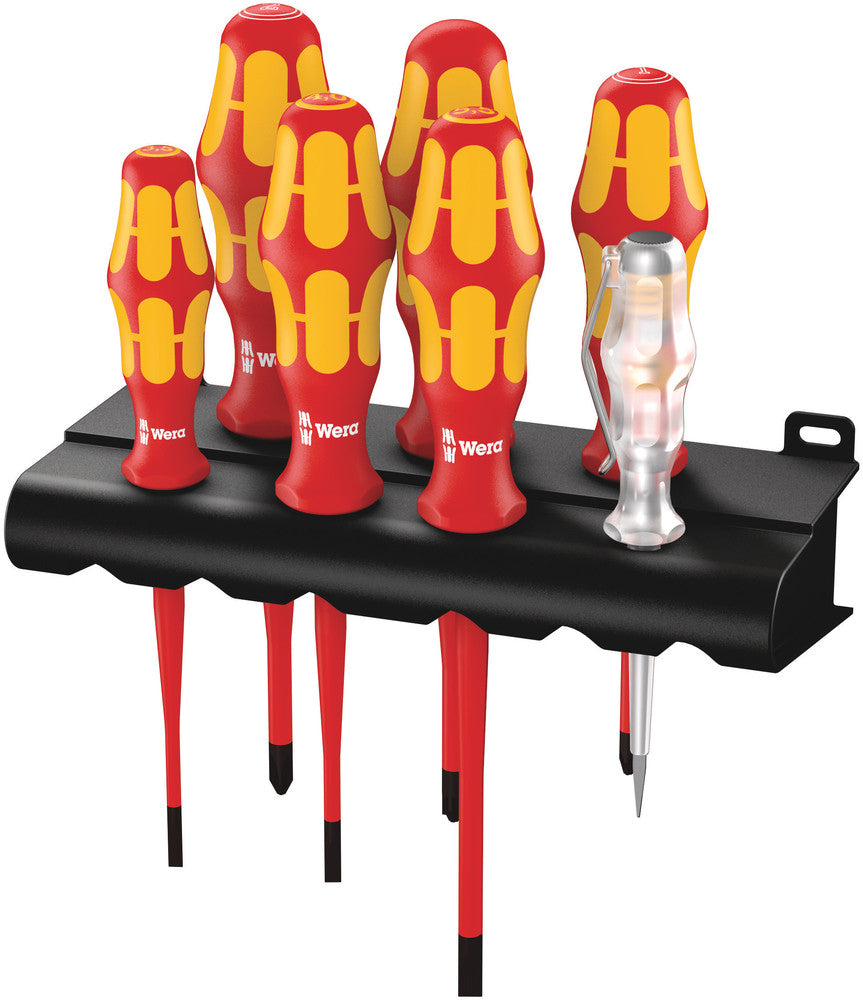Wera 05006480001 160 iS/7 Rack Screwdriver set Kraftform Plus Series 100, single-pole phase tester and rack. With reduced blade diameter, 7 pieces