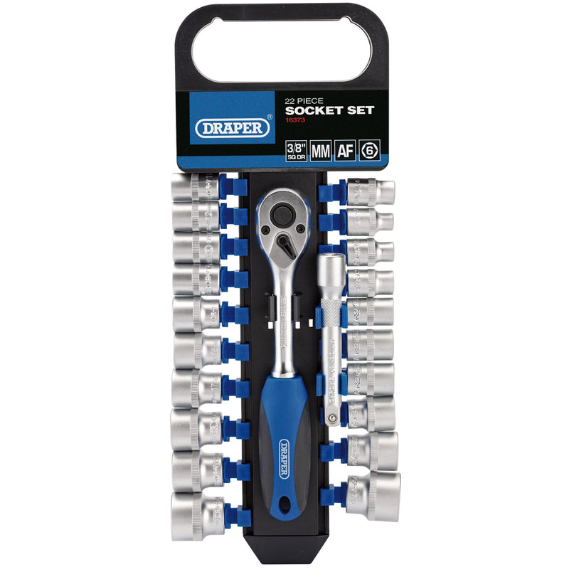 Draper 16373 Combined MM/AF Socket and Ratchet Set, 3/8" Sq. Dr. (22 Piece)