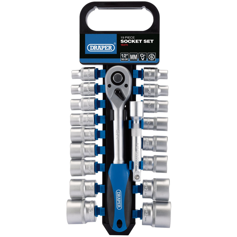 Draper 16375 Metric Socket and Ratchet Set, 1/2" Sq. Dr. (19 Piece)