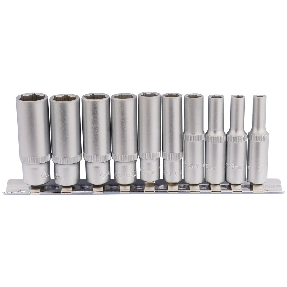 Draper 16399 Metric Deep Socket on Metal Rail, 1/4" Sq. Dr. (10 Piece)
