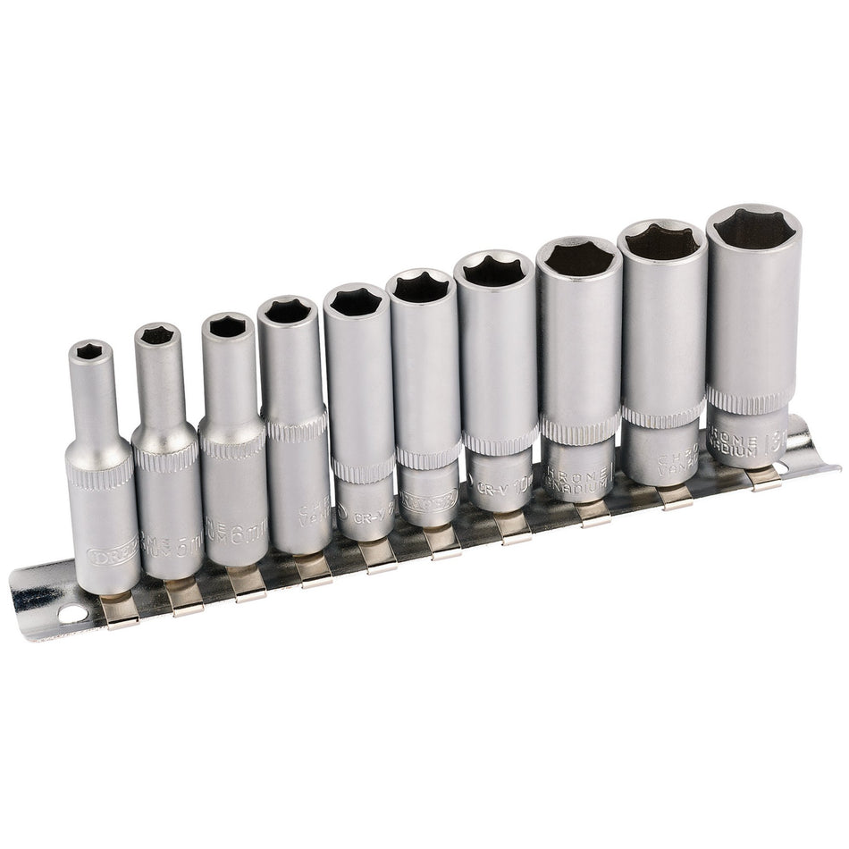 Draper 16399 Metric Deep Socket on Metal Rail, 1/4" Sq. Dr. (10 Piece)