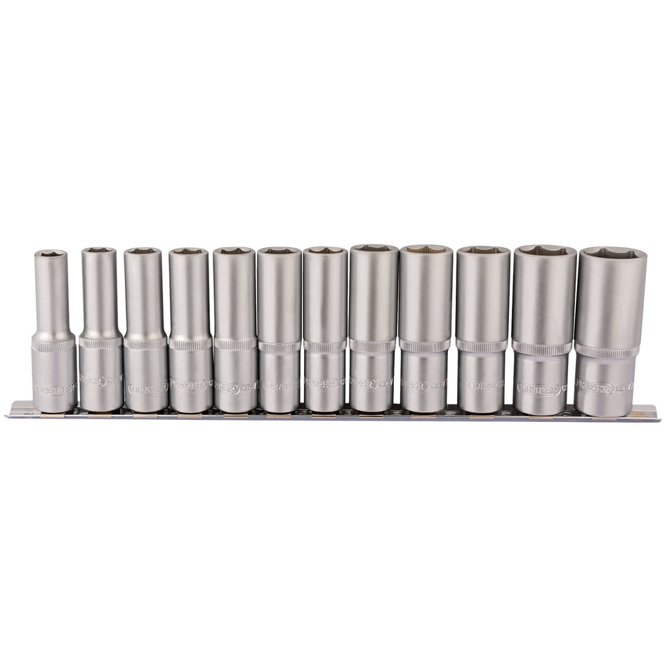 Draper 16403 Deep Socket Set on Metal Rail, 1/2" Sq. Dr. (12 Piece)