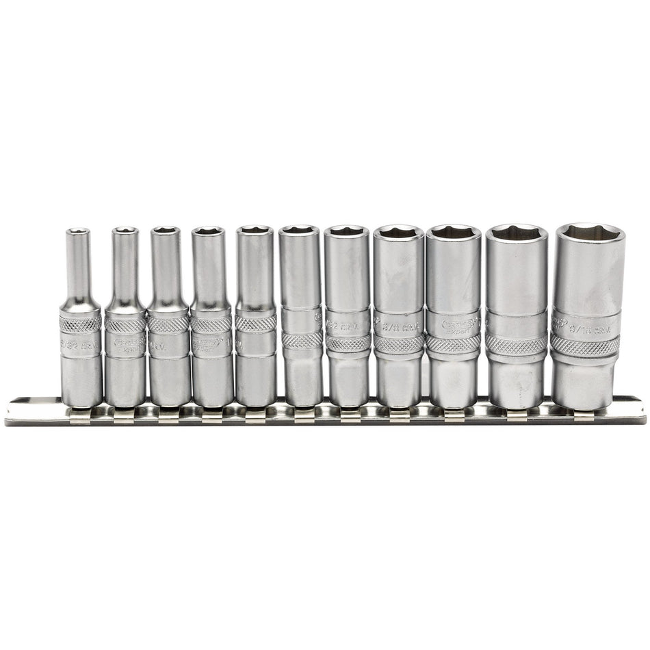 Draper 16491 Imperial Deep Socket on Metal Rail, 1/4" Sq. Dr. (11 Piece)